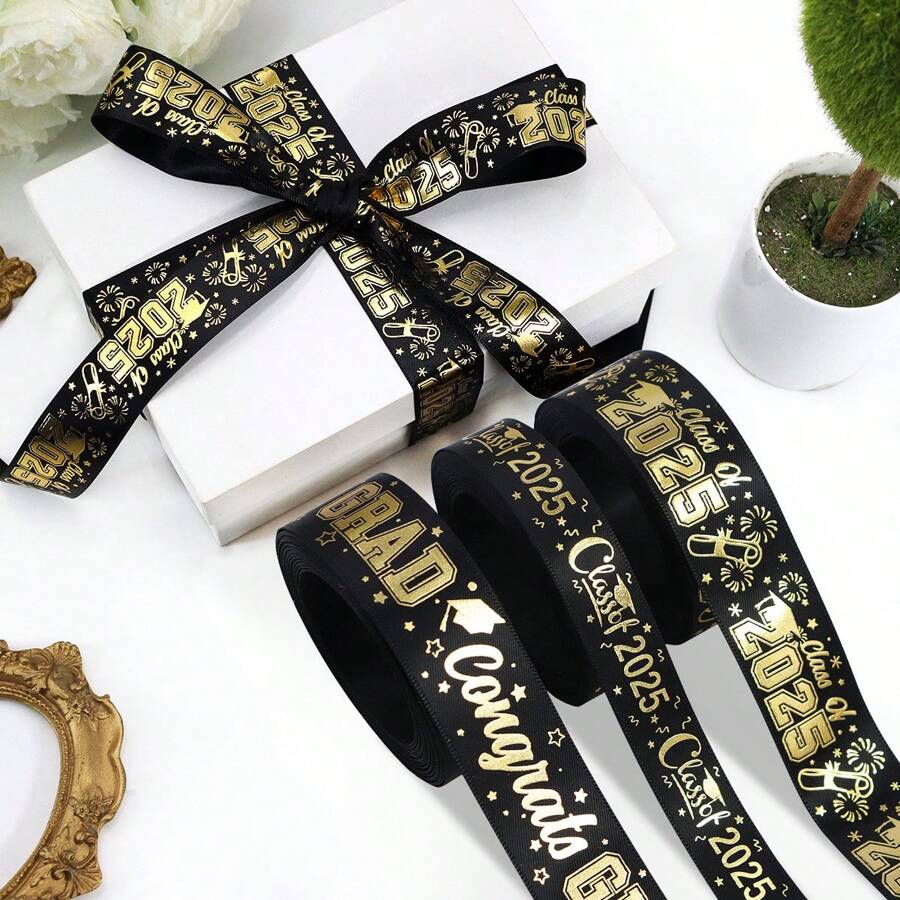 1Pc, Graduation Ribbons, 14.76/29.53/147.64 Ft 5 /10/50Yards/Roll Black Gold Congrats Grad Ribbon Class Of 2025 Ribbons For Graduation Lie Gift Wrapping Flower Bouquet Wrapping Graduation Party Decoration - Multicolor - View 1