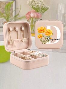 1pc Personalized Name Jewelry Box For Bridesmaids,Personalized Travel Jewelry Box,Birth Month Flower Jewelry Case,Bridal Party Proposal Gift - Baby Pink - View 13