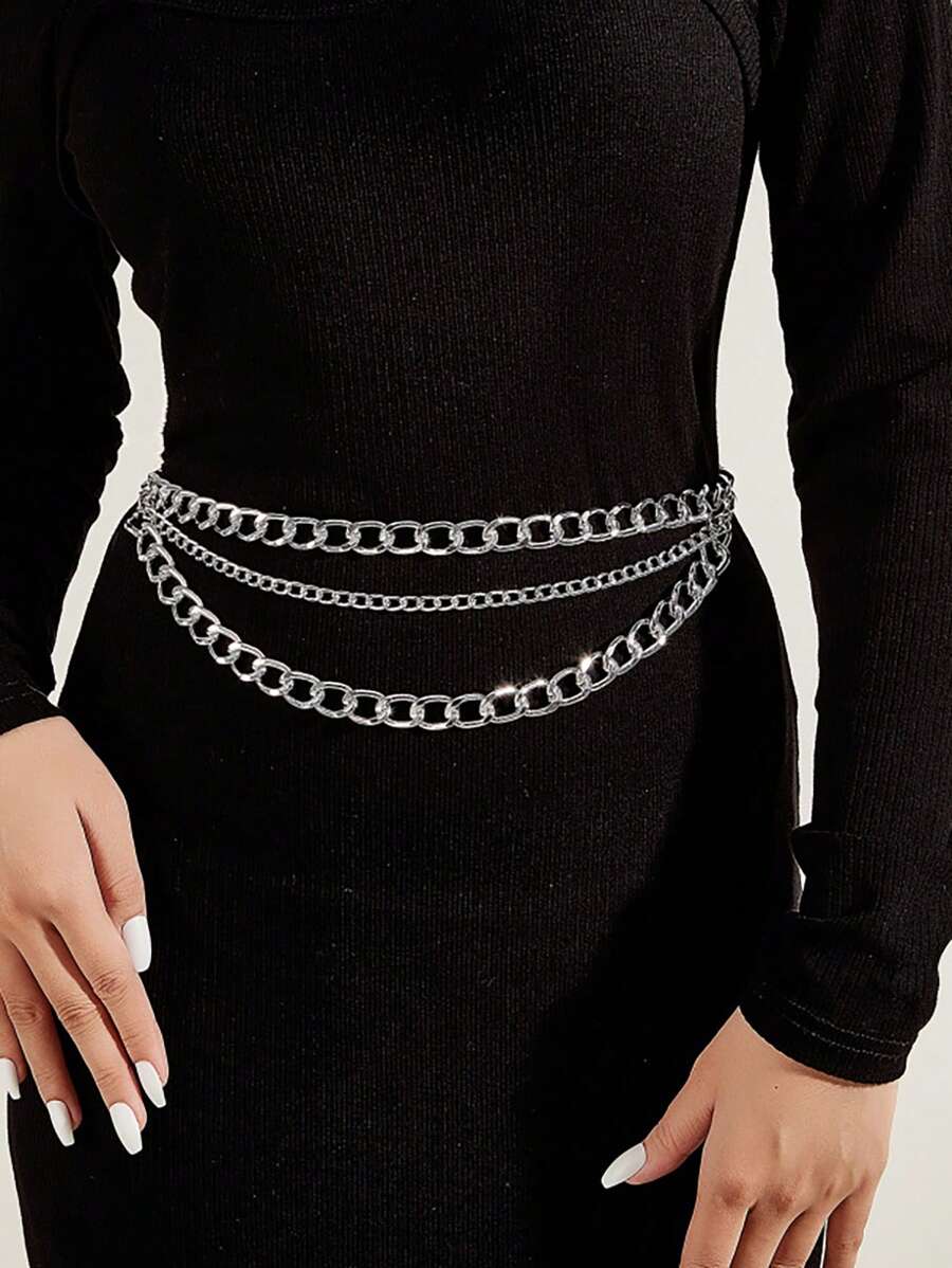 1pc Simple Fashion Thick Chain Waist Belt, Gold/Silver - Multicolor - View 1