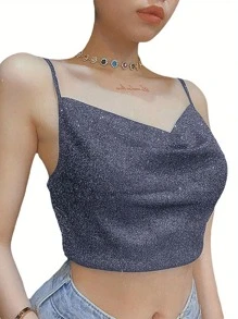 Women Summer Crop Top, Black Shiny Spaghetti Straps Low Cut V-Neck Form-Fitting Tank Top For Girls - 藏青色 - 查看 3