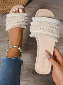 1 双时尚优雅度假流苏平底女凉鞋，带珍珠的沙滩夏季鞋，室内拖鞋，针织鞋面，柔软中底，旅行和度假，时尚休闲，仙女风格，夏季平底拖鞋