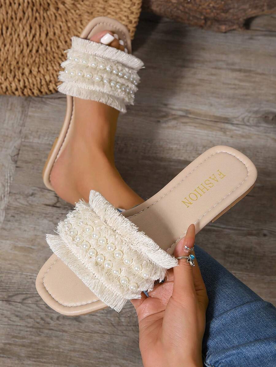 1 双时尚优雅度假流苏平底女凉鞋，带珍珠的沙滩夏季鞋，室内拖鞋，针织鞋面，柔软中底，旅行和度假，时尚休闲，仙女风格，夏季平底拖鞋