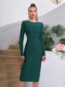 Sexy Women's Long Sleeve Large Zipper Back Bodycon Midi Dress For Vacation And Party - Dark Green - View 5