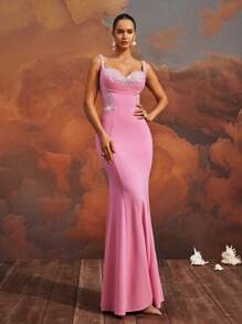 VIPGIRL Cautivador vestido de noche de sirena rosa con detalles de cuentas, diseño de espalda con lazada, sin mangas, abertura alta, elegante vestido de noche hasta el suelo, adecuado para fiestas, bodas u ocasiones formales - Rosa - Ver 8