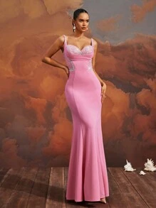 VIPGIRL Cautivador vestido de noche de sirena rosa con detalles de cuentas, diseño de espalda con lazada, sin mangas, abertura alta, elegante vestido de noche hasta el suelo, adecuado para fiestas, bodas u ocasiones formales - Rosa - Ver 5