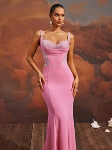 VIPGIRL Cautivador vestido de noche de sirena rosa con detalles de cuentas, diseño de espalda con lazada, sin mangas, abertura alta, elegante vestido de noche hasta el suelo, adecuado para fiestas, bodas u ocasiones formales - Rosa - Ver 7
