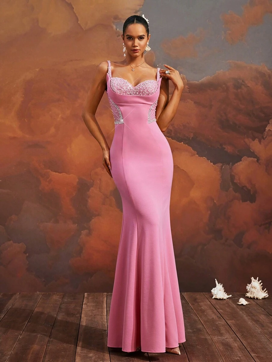 VIPGIRL Cautivador vestido de noche de sirena rosa con detalles de cuentas, diseño de espalda con lazada, sin mangas, abertura alta, elegante vestido de noche hasta el suelo, adecuado para fiestas, bodas u ocasiones formales