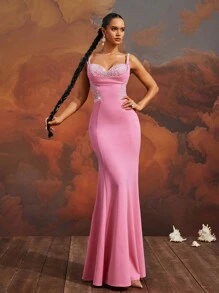VIPGIRL Cautivador vestido de noche de sirena rosa con detalles de cuentas, diseño de espalda con lazada, sin mangas, abertura alta, elegante vestido de noche hasta el suelo, adecuado para fiestas, bodas u ocasiones formales - Rosa - Ver 4