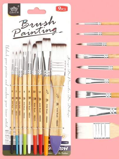 opeth 9pcs Natural Wooden Handle High Quality Nylon Hair Oil Painting Brush Set, Premium Painting Brush Set, Artist Oil Painting Brush, Watercolor, Acrylic, Pigment Dedicated Brush, Edging Brush, Best Gift For Christmas, Birthday Party, Friends