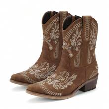 Pasuot Casual Party Cowgirl Boots – Women's Mid-Calf Western Boots With Embroidered Details, Rhinestones, A Square Toe, And A Chunky Low Heel. Designed For Comfort And Ease With A Pull-On Style, These Boots Are Ideal For Adding Style To Any Casual Or Party Outfit. - 棕色 - 查看 1