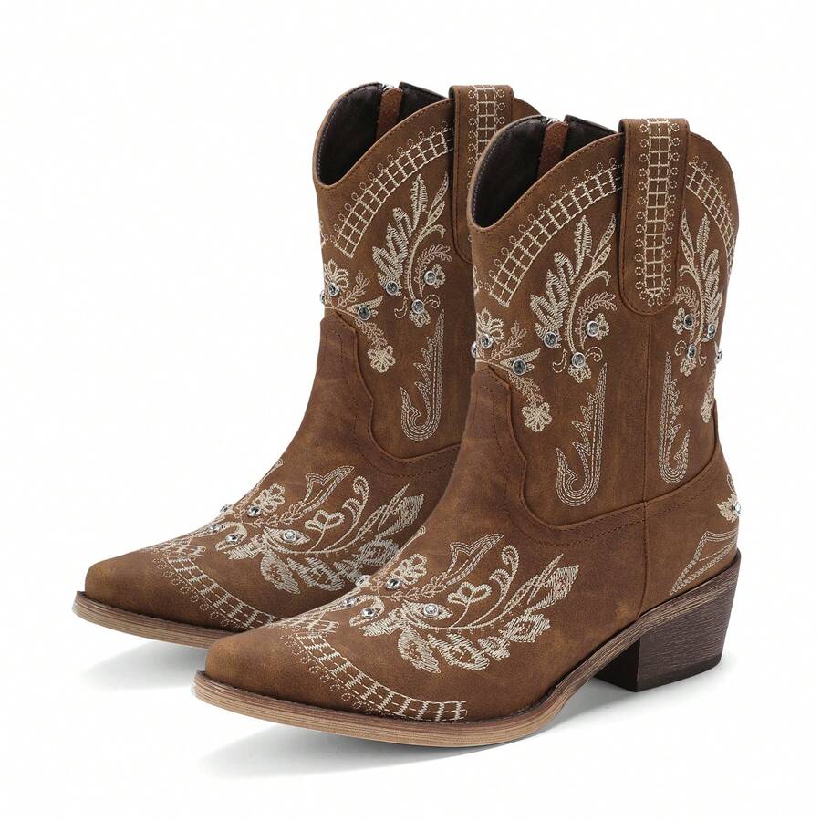 Pasuot Casual Party Cowgirl Boots – Women's Mid-Calf Western Boots With Embroidered Details, Rhinestones, A Square Toe, And A Chunky Low Heel. Designed For Comfort And Ease With A Pull-On Style, These Boots Are Ideal For Adding Style To Any Casual Or Party Outfit. - 棕色 - 查看 1