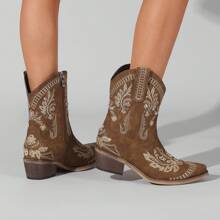 Pasuot Casual Party Cowgirl Boots – Women's Mid-Calf Western Boots With Embroidered Details, Rhinestones, A Square Toe, And A Chunky Low Heel. Designed For Comfort And Ease With A Pull-On Style, These Boots Are Ideal For Adding Style To Any Casual Or Party Outfit. - 棕色 - 查看 4