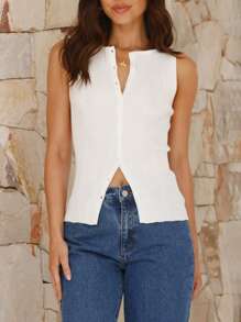 Women's Ribbed Knit Tank Tops Slim Solid Color Button Down Round Neck Sleeveless Shirt For Summer - White - View 1