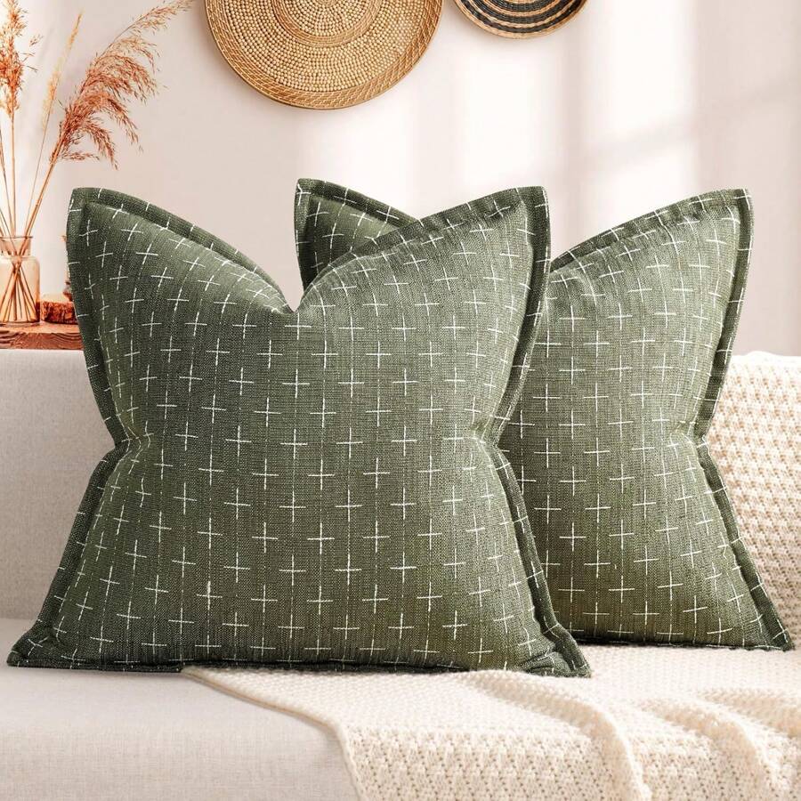 1 vỏ gối trang trí bằng vải lanh Jacquard Farmhouse, giản dị và phong cách để sử dụng hàng ngày - Màu xanh Ô liu - Xem 1