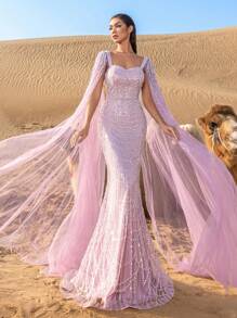 Faeriesty 优雅华丽的珠饰亮片晚礼服，饰以仿珍珠披肩袖，美人鱼廓形，曳地长拖尾，适合红毯活动、奢华婚礼、盛大晚宴、艺术画廊开幕式派对等正式场合，亦是春假度假的理想之选。 - 紫丁香色 - 查看 2