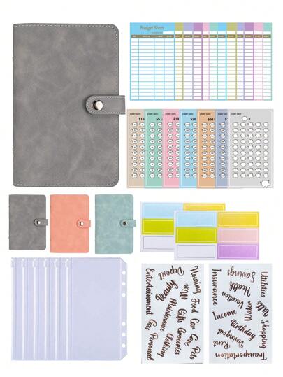 A6 PU Leather Budget Organizer Notebook With Cash Envelope, Budget Sheets, Sticky Labels, Stationery - 1pc Leather Money Pouch With 6 Zipper Pockets, 7 Accounting Cards, 12 Budget Cards, 2 English Labels, 6 Tags For Cash Storage