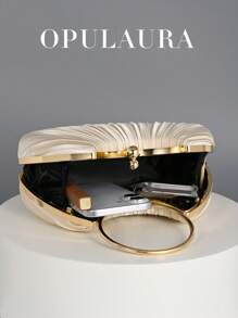 OpulAura 女士高端金属晚宴包，奢华皮革宴会手拿包，迷人闪亮正式手拿包，适合礼服、舞会、派对、婚礼、新娘、伴娘、生日礼服搭配 - 杏色 - 查看 3