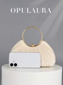 OpulAura 女士高端金属晚宴包，奢华皮革宴会手拿包，迷人闪亮正式手拿包，适合礼服、舞会、派对、婚礼、新娘、伴娘、生日礼服搭配 - 杏色 - 查看 6