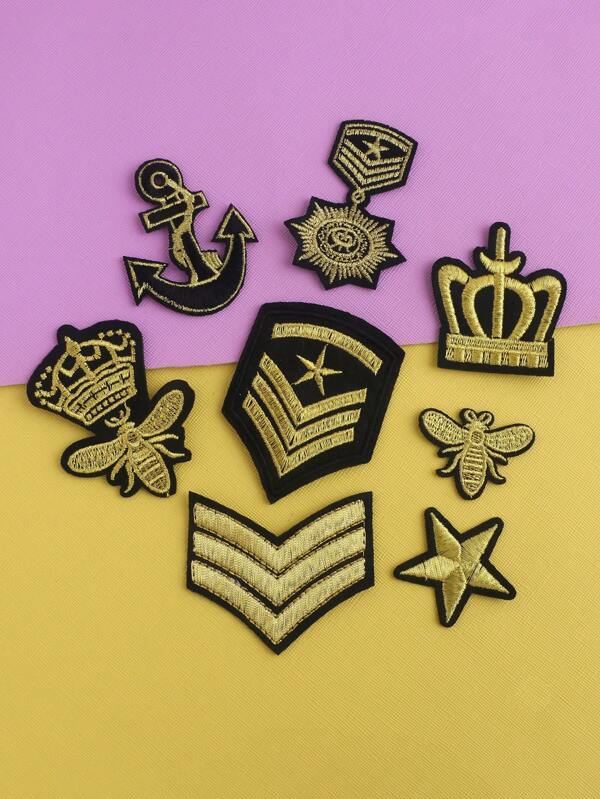 8pcs Set Metallic Gold Star Crown Bee Patch, Personalized DIY Clothing Accessory, Embroidered Sewing Ironing-On Decal Decorative Patch For Clothes, Shoes, Bags, Holiday Party Summer, School