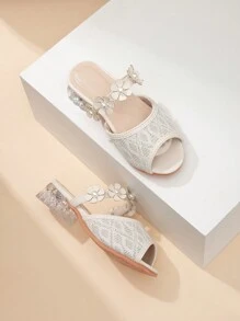 New Summer 1 Pair Fashion Little Girl Lace High Heel Dance Shoes, Girls Party Outdoor Performance Shoes, Wedding Princess Shoes, Suitable For Wedding, Party, High Heel Slippers, Sandals - Apricot - View 2