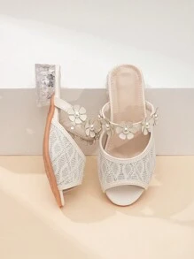 New Summer 1 Pair Fashion Little Girl Lace High Heel Dance Shoes, Girls Party Outdoor Performance Shoes, Wedding Princess Shoes, Suitable For Wedding, Party, High Heel Slippers, Sandals - Apricot - View 3