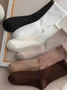 6pairs Japanese Sweet Simple British College Style Ins Mushroom Edge Crew Socks, Fall