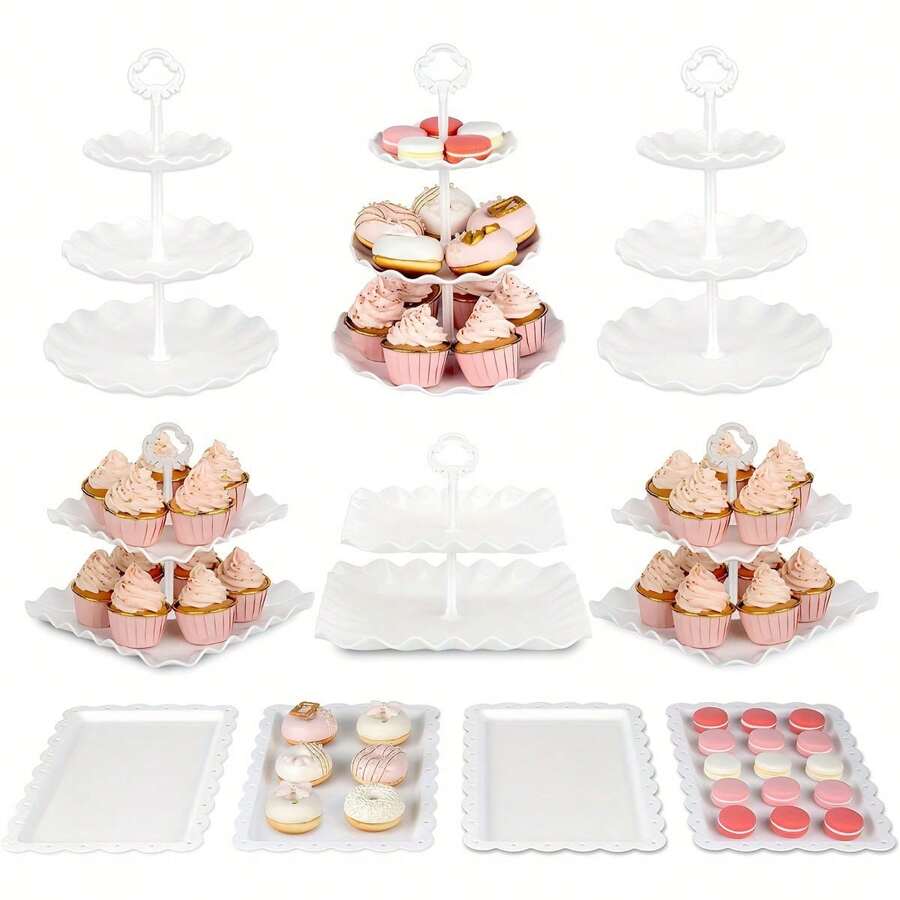 10pcs Cake Rack Set, Including 3 Double Layered Cupcake Racks+3 Triple Layered Cupcake Racks+4 Appetizer Trays, Suitable For Party And Christmas Party Tabletop Decoration, New Year Celebration - trắng - Xem 1