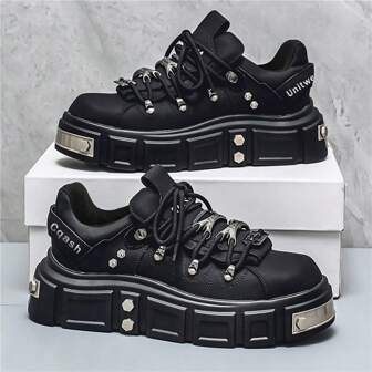 2024 Men Vintage Metal Punk Style Thick Sole Derby Sneakers, Contrast Color, Fashion Casual Increase Height Shoes