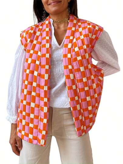 Women's Puffer Vest Sleeveless, Printed Quilted Open Front Cardigan, Warm Fleece Lined Padded Coat, Fall Winter Fashion Outwear, Casual Streetwear Jacket