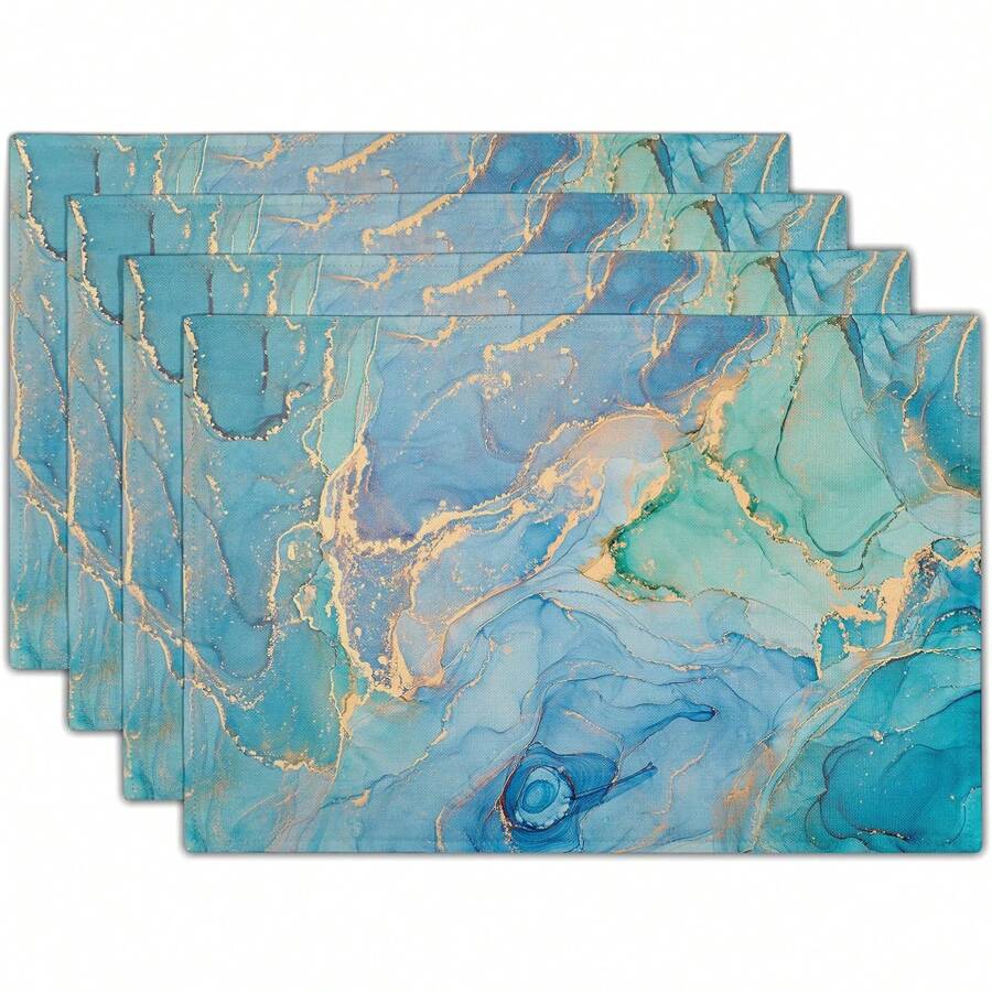 4pcs Teal Placemats Washable Non-Slip Heat Resistant Turquoise Blue Thick Place Mats Decorative Linen Fabric Peacock Table Mat For Dining Table Kitchen Home Decor - Multicolor - View 1