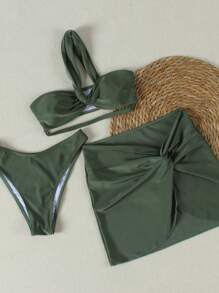 Set de 3 piezas de bikini sexy de hombros descubiertos, al estilo europeo y americano, para vacaciones de verano en la playa