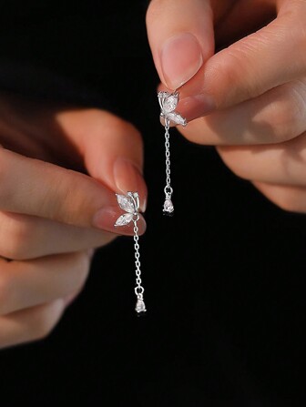  925 Sterling Silver Teardrop Cubic Zirconia Butterfly örhängen, hypoallergena lång kedja, eleganta smyckestillbehör som är lämpliga för kvinnors dagliga klädsel och som presenter, perfekt för alla hjärtans dag och speciella tillfällen
