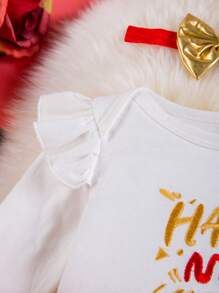 Ensemble de 3 pièces de tenue de Nouvel An pour bébé/fille: body à manches longues avec lettres brodées, jupe, serre-tête