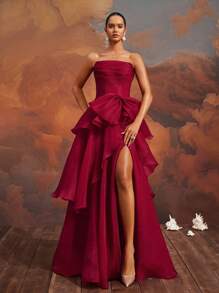 VIPGIRL Elegant Burgundy Strapless Bow-Tiered High Slit Gown, Floor-Length Formal Evening Dress, Women's Prom Dress, Chic Cocktail Party Dress, Glamorous Banquet Gown, Women Formal & Evening Dresses, Wedding Guest Dress - Đỏ - Xem 4