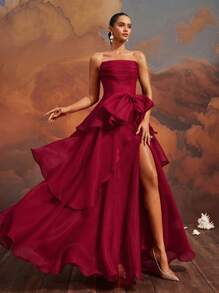 VIPGIRL Elegant Burgundy Strapless Bow-Tiered High Slit Gown, Floor-Length Formal Evening Dress, Women's Prom Dress, Chic Cocktail Party Dress, Glamorous Banquet Gown, Women Formal & Evening Dresses, Wedding Guest Dress - Đỏ - Xem 5