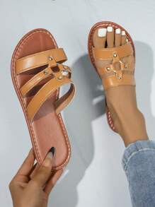 New Classic Retro Black Strap Flat Sandals, Lightweight, Comfortable For Home, Leisure, Beach Wear - Light Brown - View 2