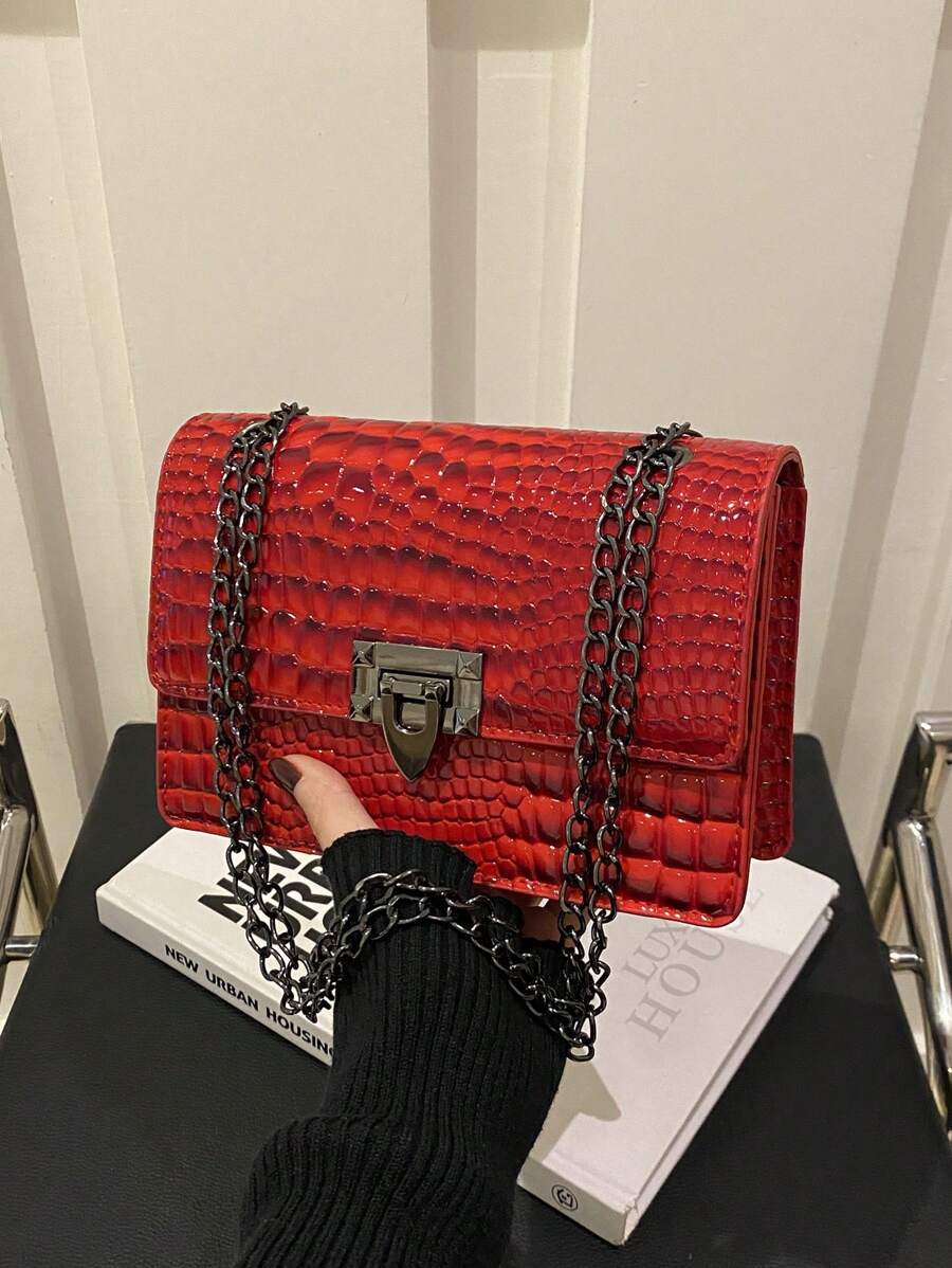 女士新款迷你复古时尚单肩包，鳄鱼纹印花，金属链条轻便简约斜挎包，商务休闲方形包，酒红色，适合办公室、通勤、商务、日常使用