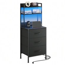 Superlele 41" Tall Nightstand With Charging Station, Led Night Stand With USB Port & Socket, 3 PU Finished Fabric Storage Drawers, Office, Bedside Table & Bookshelf In One, Black