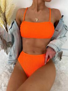 2pcs/Set Graduation Rib-Knit Bikini Swimsuit Set, In Black, Red, Purple Colors - Orange - View 2