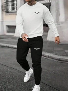 DIFFLAND 男士休闲日常柔软舒适套装，简约海鸥印花，白色圆领套头卫衣搭配修身运动裤，秋冬款 - 黑與白 - 查看 1
