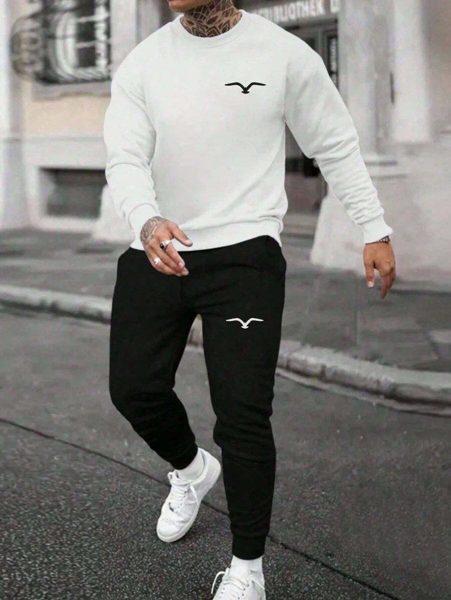 DIFFLAND 男士休闲日常柔软舒适套装，简约海鸥印花，白色圆领套头卫衣搭配修身运动裤，秋冬款 - 黑與白 - 查看 1