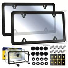 2 Sets Universal License Plate Cover Frame Combo - Durable Flat Car Tag Protector, Black Aluminum Frame Holder With Screws And Caps, Weather-Resistant, Easy Installation, And Rust-Proof - 黑色 - 查看 6