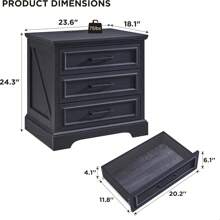 JXQTLINGMU Farmhouse Nightstand With Charging Station, 24" Wide Side Table With 3 Large Drawers & Bar Handles - Rustic Wood Small Dresser Chest Of Drawers For Bedroom, Living Room, Or As A Christmas Gift - Black - View 6