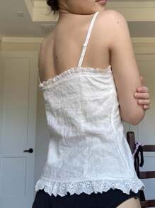 Women Slim-Fit Ruffle Camisole, Adults Sleeveless Solid Color Boat Neck Spaghetti Strap Pullover With Bow