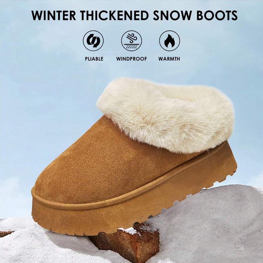 Women Platform Snow Boots Fuzzy Slippers Fluffy Mini Boots House Slippers Clogs Indoor Outdoor - Camel - View 1