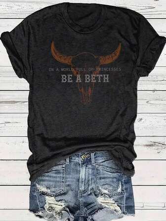 西部牛仔复古公牛图案女式休闲圆领短袖 T 恤