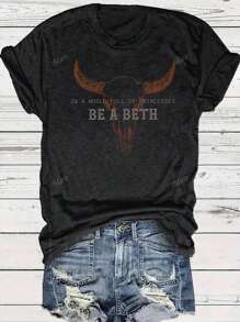 Western Cowboy Vintage Bull Graphic Women Casual Round Neck Short Sleeve T-Shirt