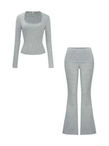GAOVOT Women's Y2K Style Fitted Sexy Solid Color Square Neck Long Sleeve Top & Flared Pants 2-Piece Sportswear Set, Spring/Summer Casual - Gray - View 8