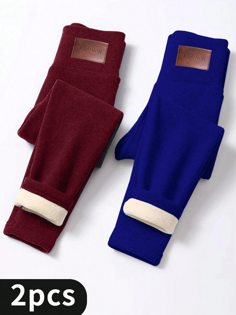 2PCS Thermal Lined Leggings Women - Thick Soft High Waisted Black Tummy Control Thermal Warm Velvet Pants For Cold Winter - 2件(紅+藍) - 查看 1