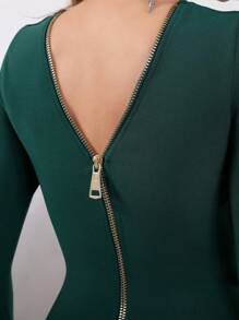 Sexy Women's Long Sleeve Large Zipper Back Bodycon Midi Dress For Vacation And Party - Dark Green - View 8